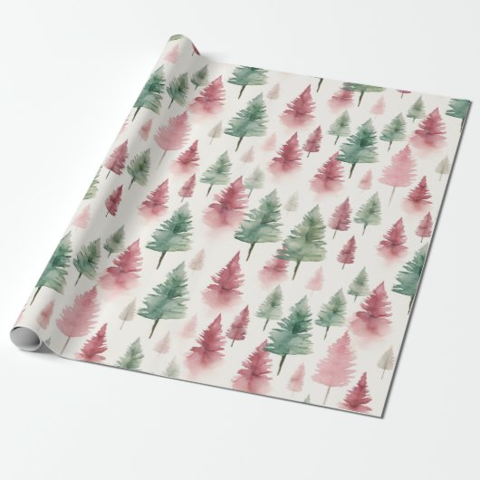 Maroon und Dark Green Pine Tree Geschenkpapier (Ungerollt)