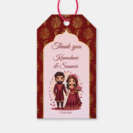 Maroon und das niedliche indische Brautpaar bevorz Geschenkanhänger (Vorderseite)