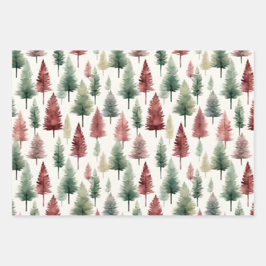 Maroon und Dunkelgrüner Wasserfarben-Kiefernbaum Geschenkpapier Set (Vorderseite)