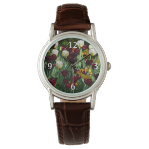 Maroon und Gelbe Tulips farbenfrohe Blumen Armbanduhr
