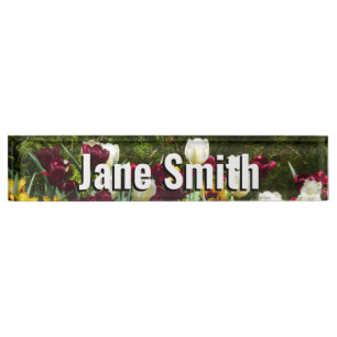 Maroon und Gelbe Tulips farbenfrohe Blumen Namensplakette