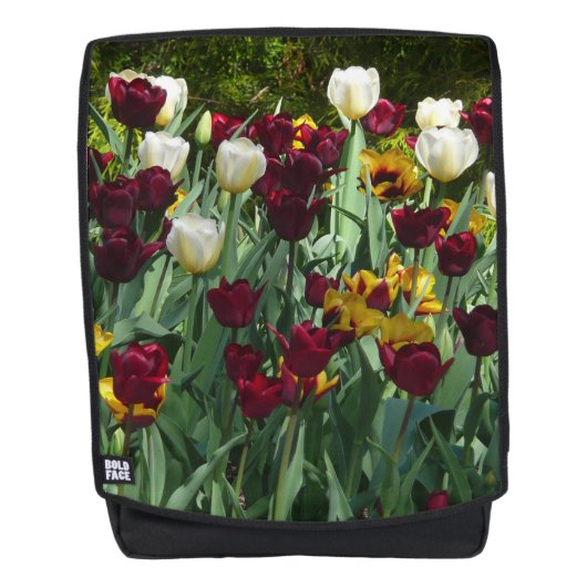 Maroon und Gelbe Tulips farbenfrohe Blumen Rucksack (Vorderseite)