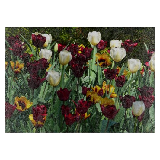 Maroon und Gelbe Tulips farbenfrohe Blumen Schneidebrett (Vorderseite)