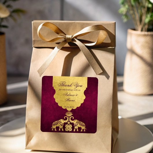 Maroon und Gold Elefanten indische Hochzeit danke Quadratischer Aufkleber