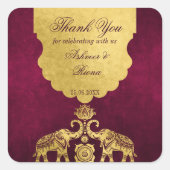 Maroon und Gold Elefanten indische Hochzeit danke Quadratischer Aufkleber (Vorderseite)
