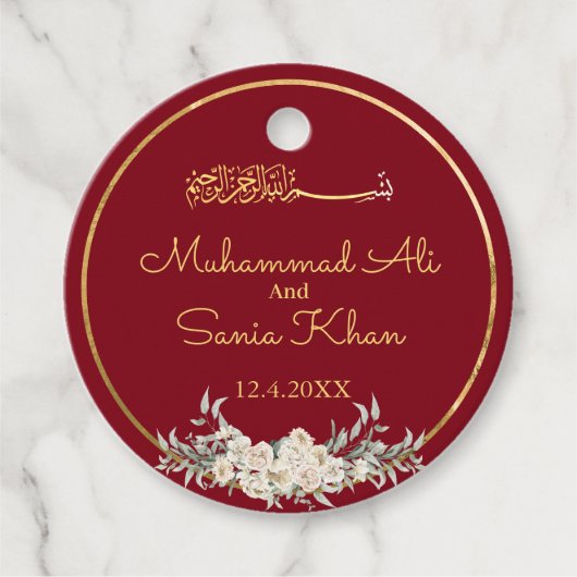 Maroon und Gold Floral Islamische Hochzeit Geschenkanhänger (Vorderseite)