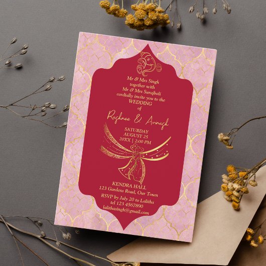 Maroon und Gold Hindu Hochzeitsknoten Ganesha Einladung