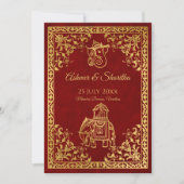 Maroon und Gold Indische Hochzeitelefantenräume Einladung (Vorderseite)