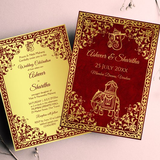 Maroon und Gold Indische Hochzeitelefantenräume Einladung