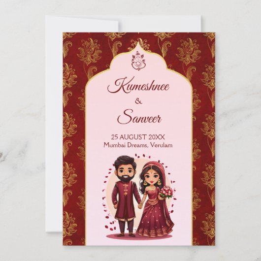 Maroon und Gold niedliche indische Brautpaare Cart Einladung (Vorderseite)