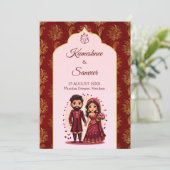 Maroon und Gold niedliche indische Brautpaare Cart Einladung (Stehend Vorderseite)