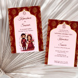 Maroon und Gold niedliche indische Brautpaare Cart Einladung<br><div class="desc">Maroon und Gold niedliche indische Bridal Pärchen whimsical Cartoon Charicature Hindu Hochzeitseinladung bearbeitbare Vorlage sofortigen digitalen Download,  indische Türbogen Rahmen pastellrosa Hintergrund Maroon und Gold Blume Rand alle in einem mit UAWG text indische Hochzeitseinladung mit einem niedlichen Cartoon-Figuren</div>