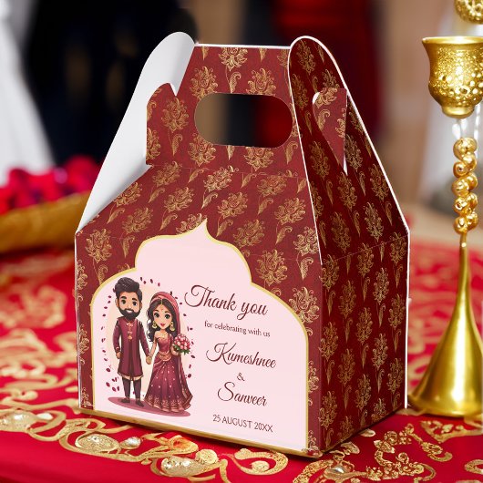 Maroon und Gold niedliche indische Brautpaare Cart Geschenkschachtel