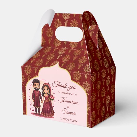 Maroon und Gold niedliche indische Brautpaare Cart Geschenkschachtel (Vorderseite)