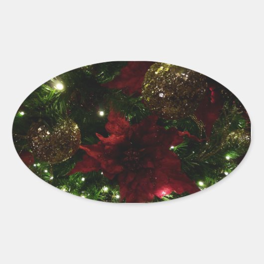 Maroon und Gold Weihnachtsbaum I Holiday Foto Ovaler Aufkleber (Vorderseite)