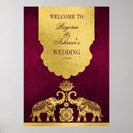 Maroon und Goldelefanten Indische Hochzeitsempfang Poster