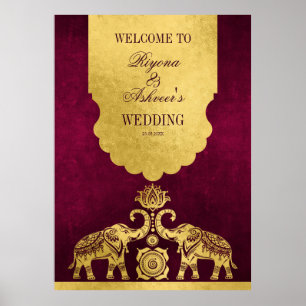 Maroon und Goldelefanten Indische Hochzeitsempfang Poster