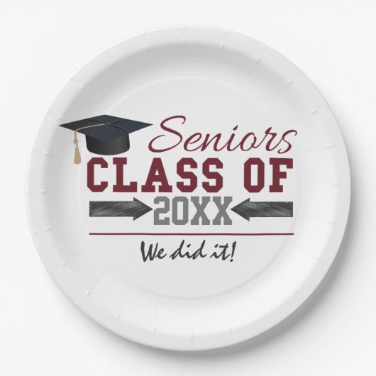 Maroon und Gray Graduation Party Plate Pappteller (Vorderseite)