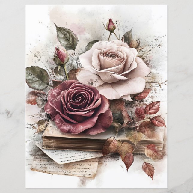 Maroon und rosa Rosen mit Bücherschrott (Rückseite)