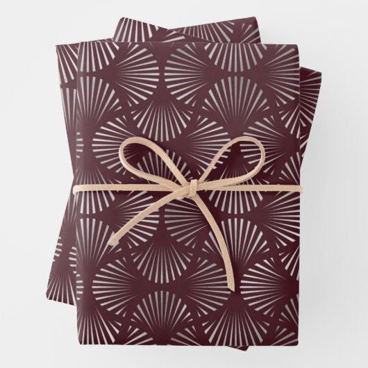 Maroon und Silver Art Deco Lüfter Muster Geschenkpapier Set (Beispiel)