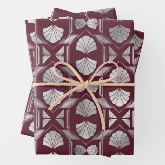 Maroon und Silver Art Deco Muschel Muster Geschenkpapier Set (Beispiel)