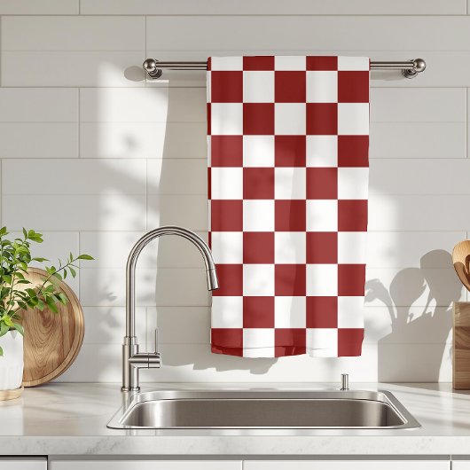 Maroon und White Checkered Vintag Geschirrtuch