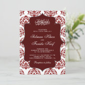 Maroon und White Damask Islamische Hochzeit Einladung (Stehend Vorderseite)