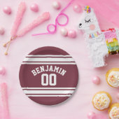 Maroon und White Jersey Stripes Individuelle Name Pappteller (Party)