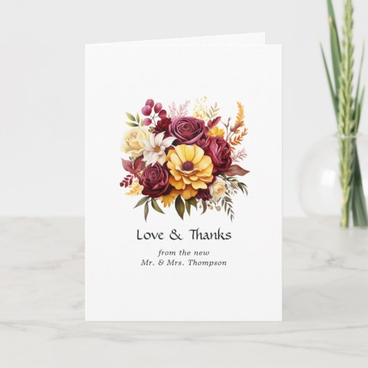 Maroon und Yellow Floral Wedding Dankeskarte (Vorderseite)