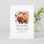 Maroon und Yellow Floral Wedding Save The Date (Stehend Vorderseite)