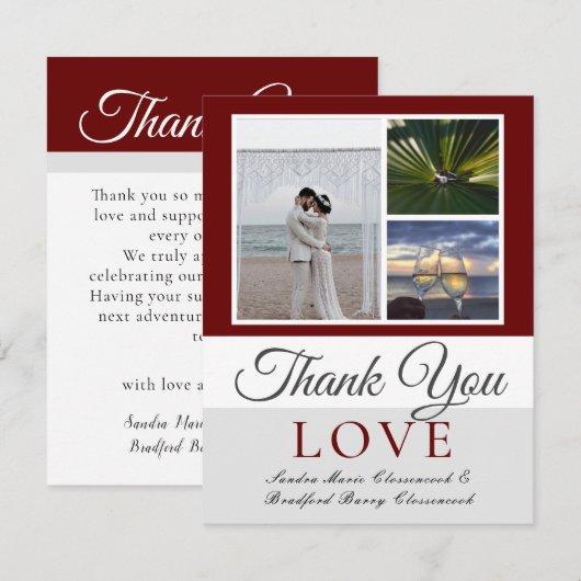 Maroon Wedding Foto Collage Dankeskarte (Vorne/Hinten)