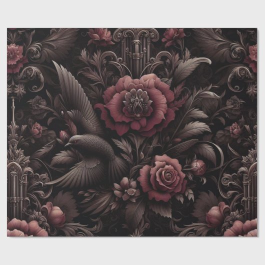 Maroon, weißes, schwarzes Blumenpapier Geschenkpapier (Flach)