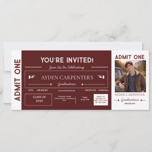 Maroon & White Abschluss Faux-Ticket | Einladung (Vorderseite)
