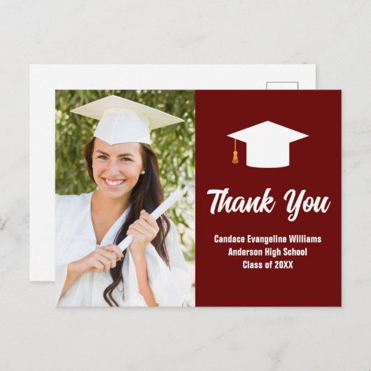 Maroon White Abschluss Foto Custom Vielen Dank Postkarte (Vorne/Hinten)