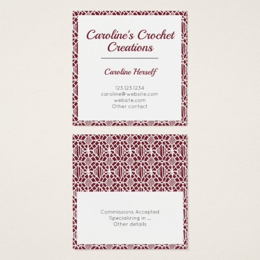 Maroon White Crochet Lace Pattern Business Card (Vorne & Hinten)