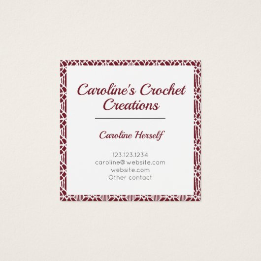 Maroon White Crochet Lace Pattern Business Card (Vorderseite)