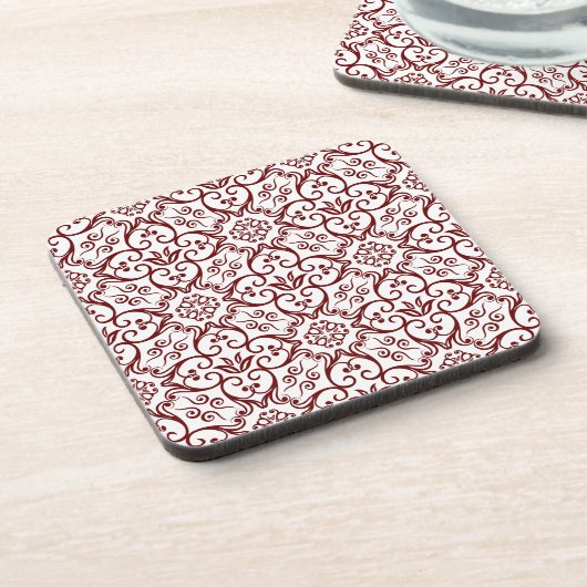 Maroon & White Damask Cork Untersetzer (Linke Seite)