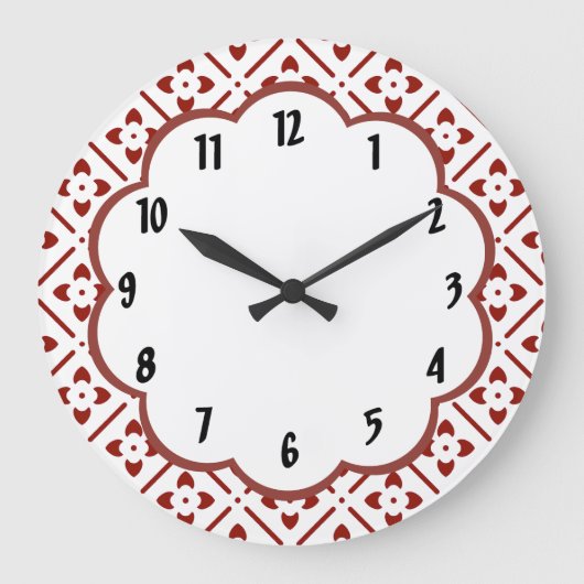 Maroon White Floral Retro Muster Wall Clock Große Wanduhr (Vorderseite)