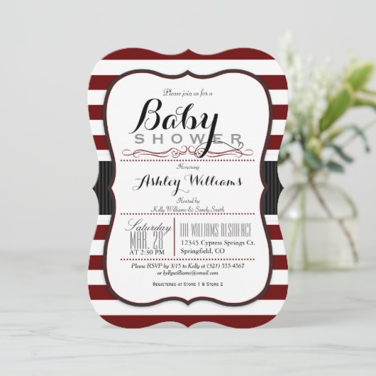 Maroon & White Stripes; elegante Babydusche Einladung (Stehend Vorderseite)
