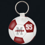 maroon white team colors boys girls sports soccer schlüsselanhänger<br><div class="desc">This sporty soccer keychain with custom team colors for girls or boys features a traditional style soccer ball upon which you can easily customize the player's name,  monogram or varsity letter and jersey number - the soccer ball's typically black panels are recolored maroon - by katz_d_zynes</div>