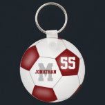 maroon white team colors boys girls sports soccer schlüsselanhänger<br><div class="desc">This sporty soccer keychain with custom team colors for girls or boys features a traditional style soccer ball upon which you can easily customize the player's name,  monogram or varsity letter and jersey number - the soccer ball's typically black panels are recolored maroon - by katz_d_zynes</div>