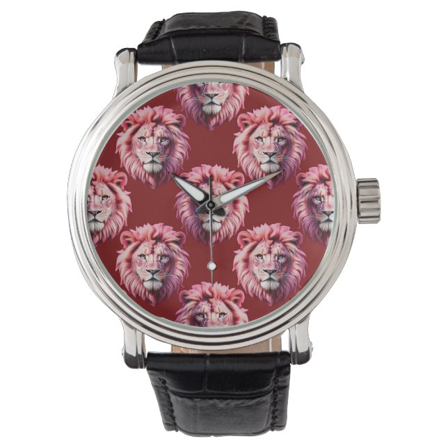 Maroonfarbener Löwenkopf-Design  Armbanduhr (Vorderseite)
