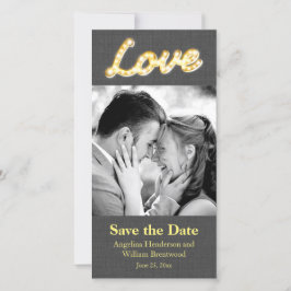 Marquee Lights Save the Date Foto Gray Burlap
