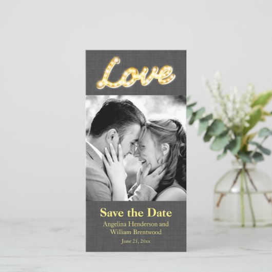 Marquee Lights Save the Date Foto Gray Burlap (Stehend Vorderseite)