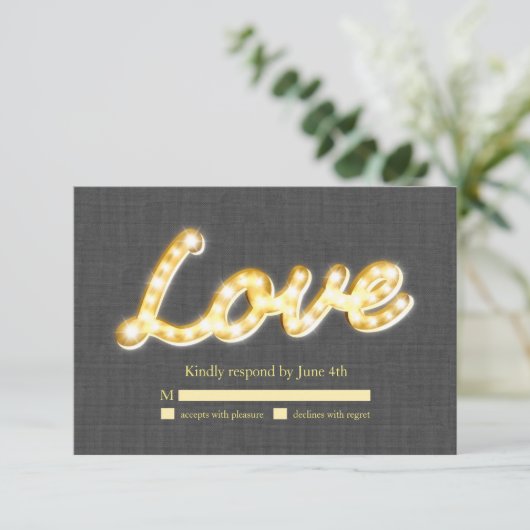 Marquee Lights UAWG Gray Burlap RSVP Karte (Stehend Vorderseite)