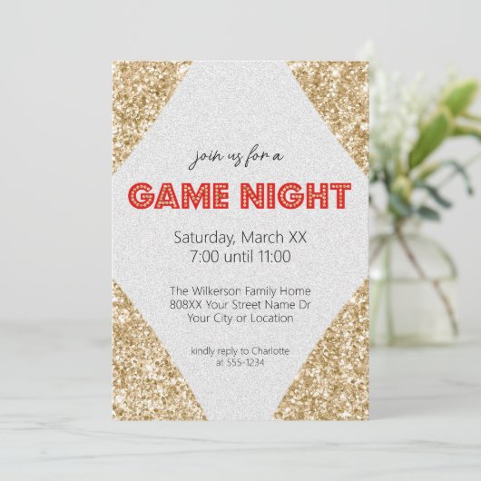 Marquee Sign auf Gold Glitzer Game Night Party Einladung (Stehend Vorderseite)