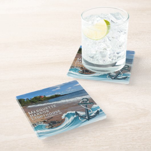 Marquette Harbour Lighthouse, Marquette, MI Glasuntersetzer (Schrägansicht)