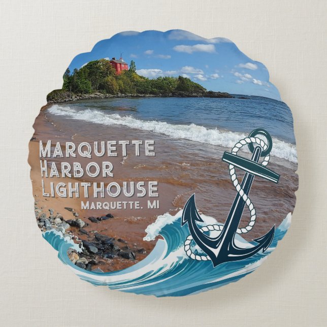 Marquette Harbour Lighthouse, Marquette, MI Rundes Kissen (Vorderseite)