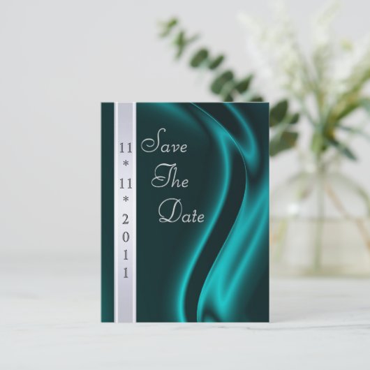 Marquis Aquamarin Silk Save the Date Postkarte (Stehend Vorderseite)