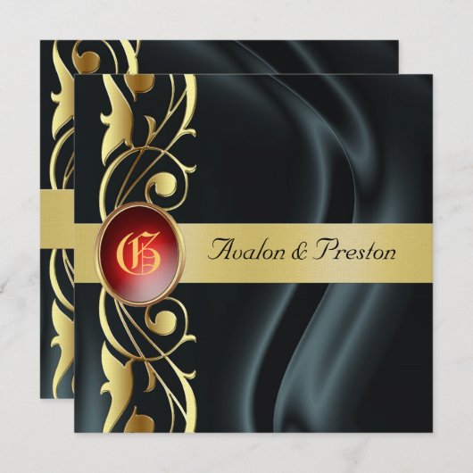 Marquis Black Silk Scroll Ruby Einladung (Vorne/Hinten)